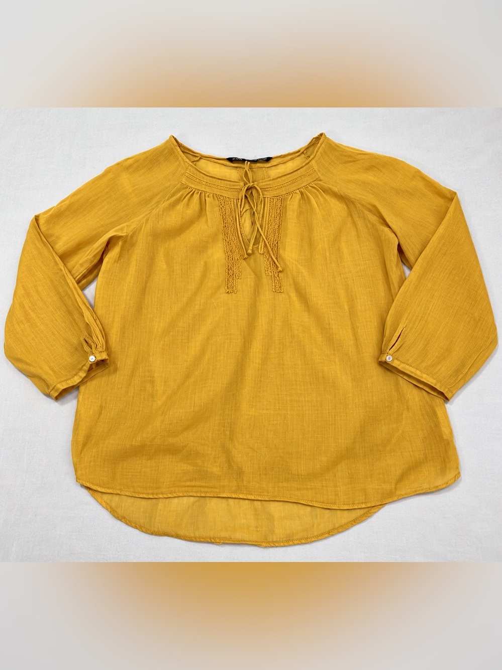Zara Mustard Yellow Ramie Cotton Embroidered Boho Blouse S - Picture 5 of 11